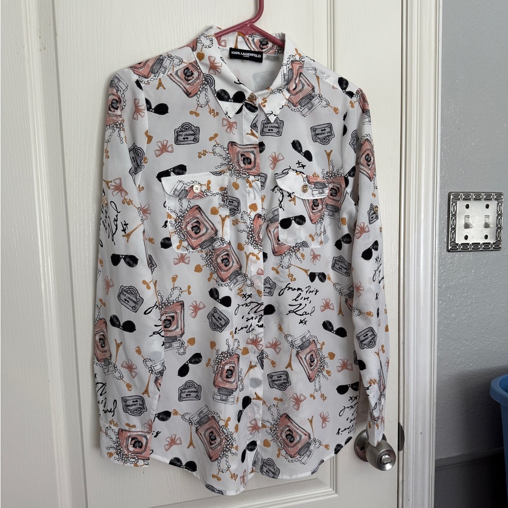 Karl Lagerfeld Rues de Paris Women's Long Sleeve Button-Up Blouse Size Small